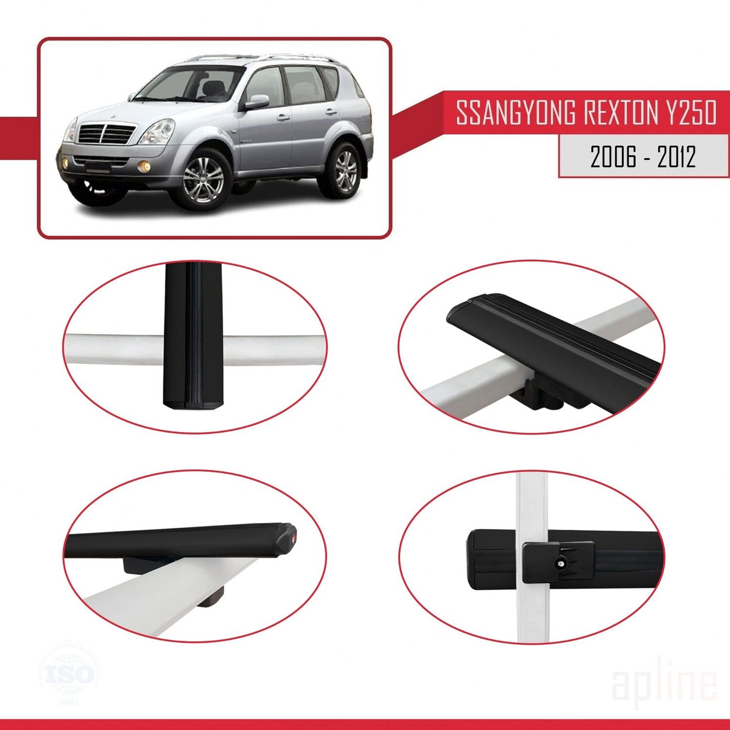 Compatible avec Ssangyong Rexton (Y250) 2006-2012 BASIC Model Barres de Toit Railing Porte-Bagages de Voiture Noir Aluminium 2 Barres