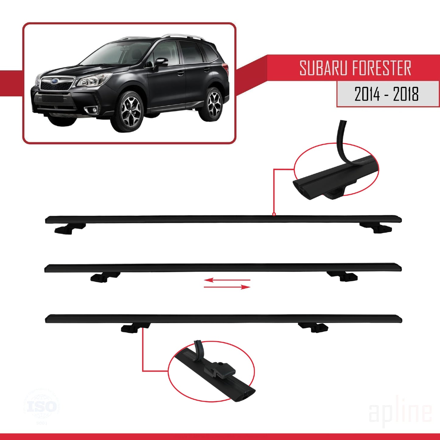 BASIC Model Dakdrager bagagedrager compatibel met Subaru Forester 4 (SJ) 2014-2018 Spoorstaven Zwart Aluminium 3 Staven