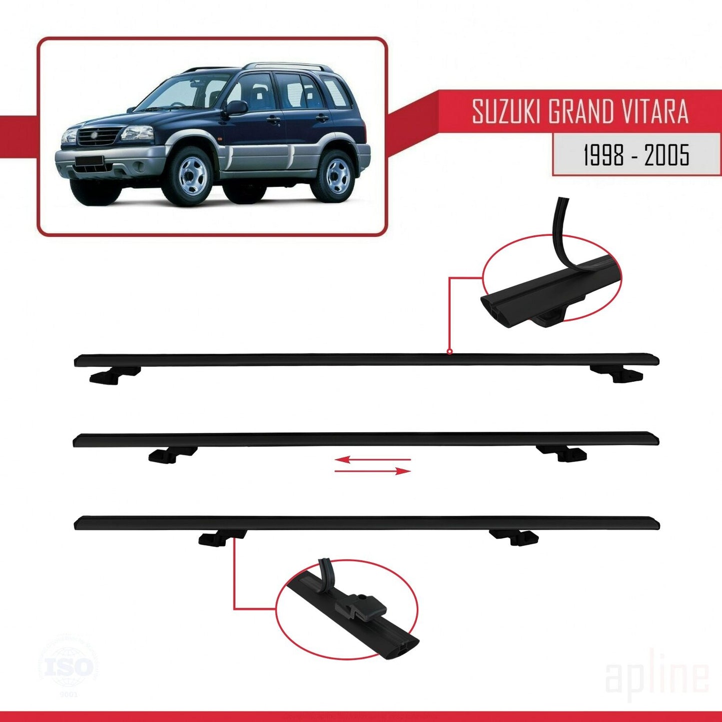 Kompatibel mit Suzuki Grand Vitara (FT) 1998-2005 BASIC Model Relingträger Dachträger Auto Gepäckträger Schwarz Aluminium 2 Stangen