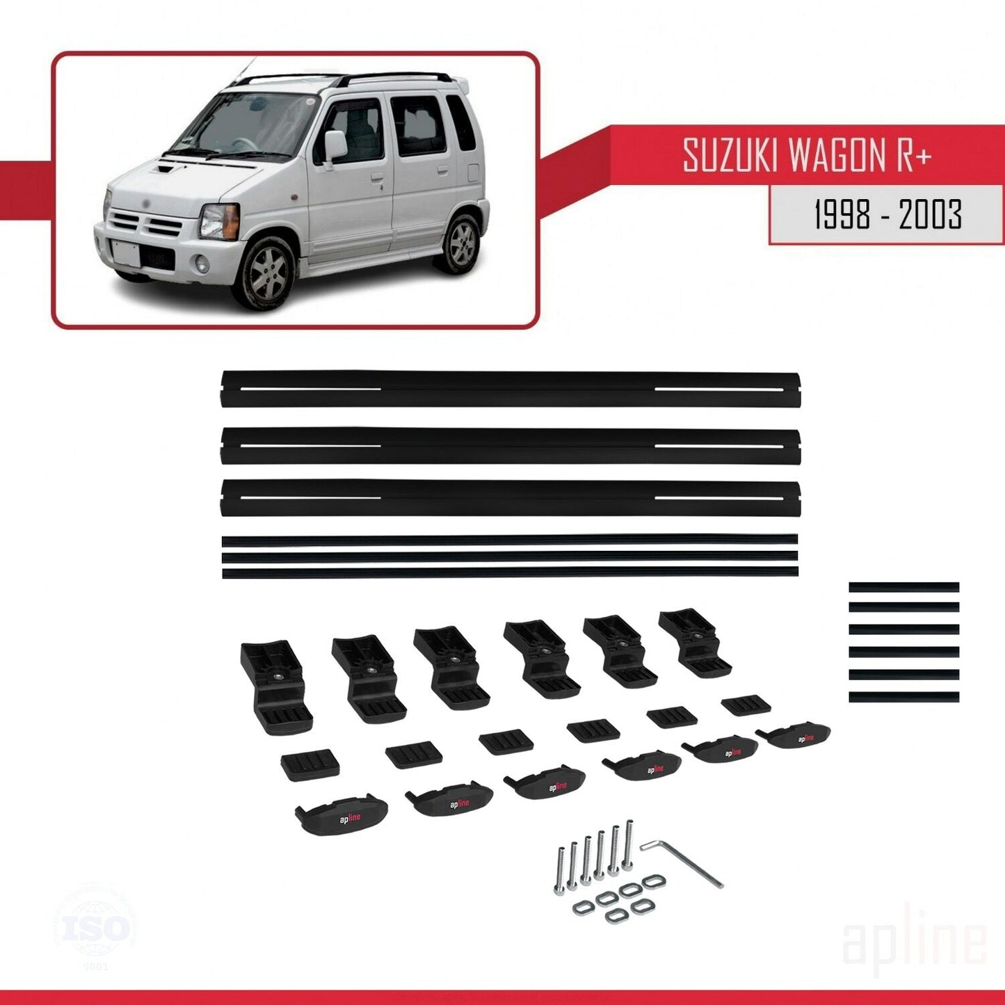 BASIC Model Dakdrager bagagedrager compatibel met Suzuki Wagon R+ 1998-2003 Spoorstaven Zwart Aluminium 3 Staven