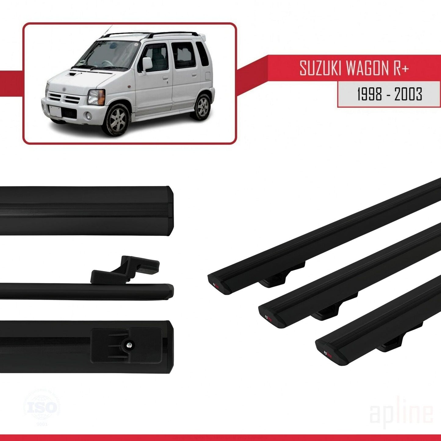 BASIC Model Dakdrager bagagedrager compatibel met Suzuki Wagon R+ 1998-2003 Spoorstaven Zwart Aluminium 3 Staven