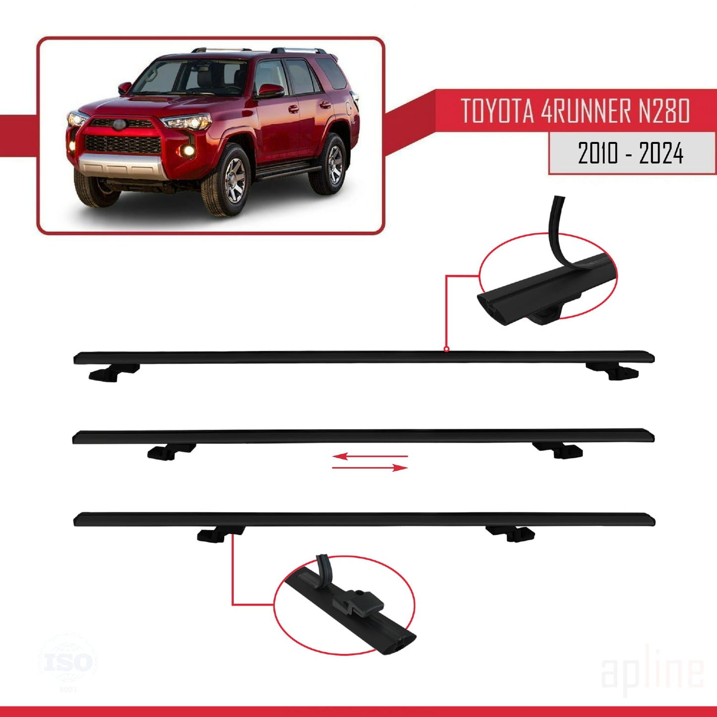 Compatible avec Toyota 4Runner (N280) 2010-2024 BASIC Model Barres de Toit Railing Porte-Bagages de Voiture Noir Aluminium 3 Barres