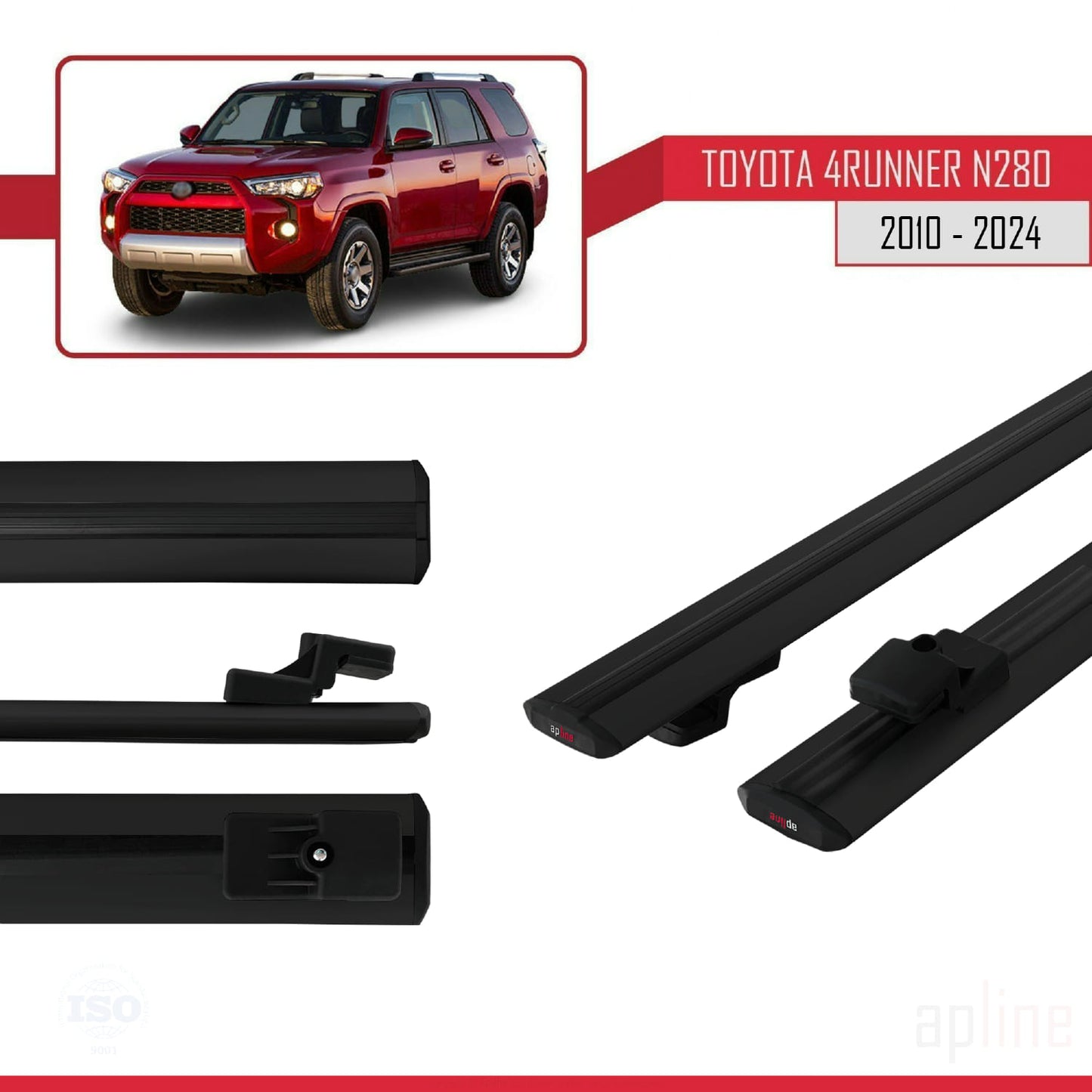 BASIC Model Dakdrager bagagedrager compatibel met Toyota 4Runner (N280) 2010-2024 Spoorstaven Zwart Aluminium 2 Staven