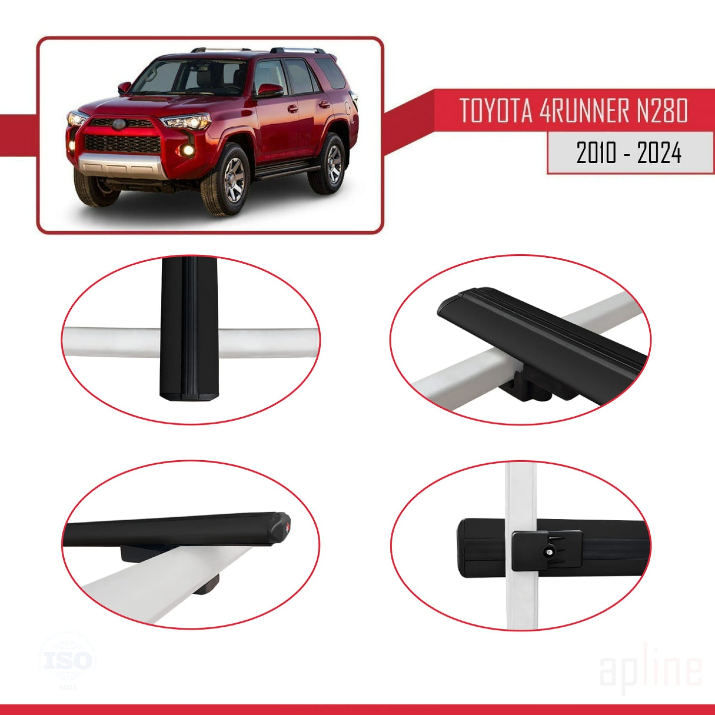 BASIC Model Dakdrager bagagedrager compatibel met Toyota 4Runner (N280) 2010-2024 Spoorstaven Zwart Aluminium 2 Staven