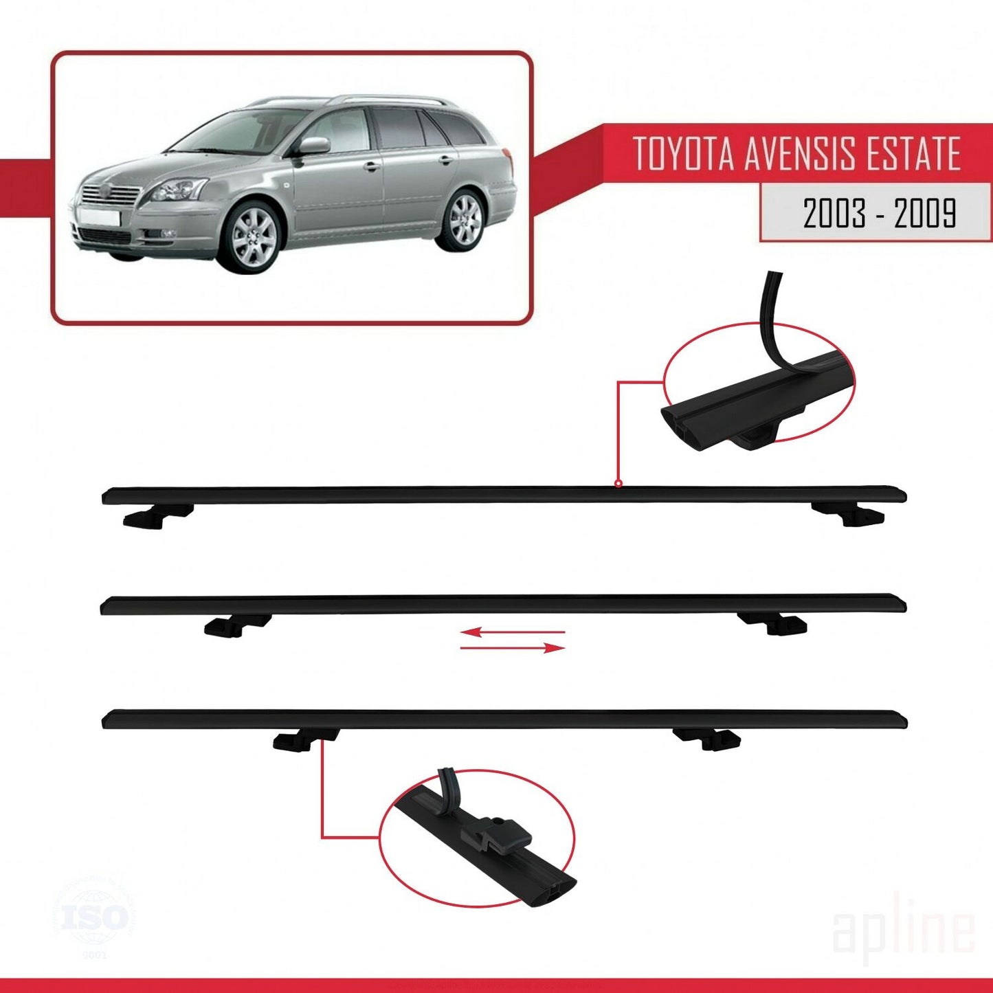 Compatible avec Toyota Avensis Break 2003-2009 BASIC Model Barres de Toit Railing Porte-Bagages de Voiture Noir Aluminium 3 Barres