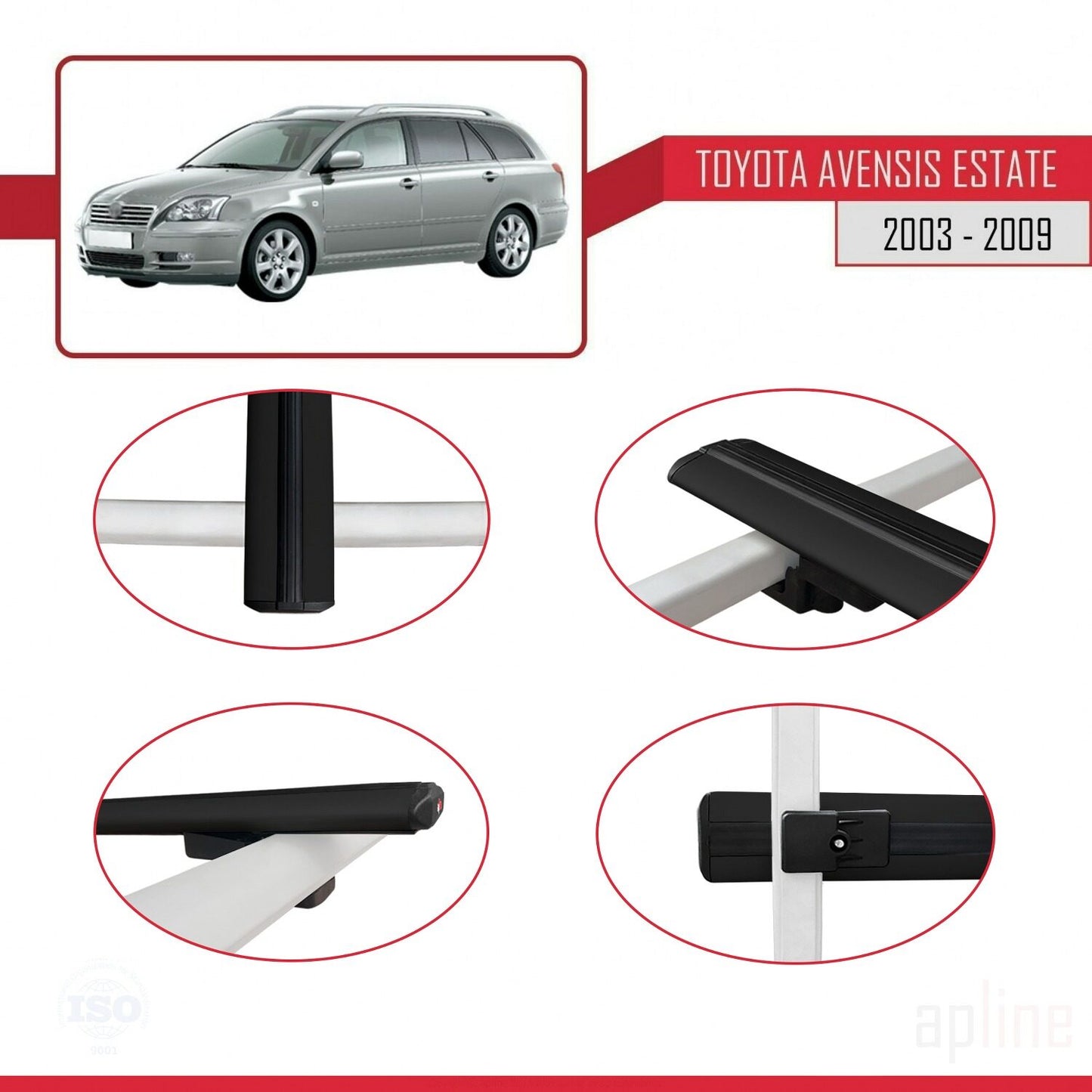 Compatible avec Toyota Avensis Break 2003-2009 BASIC Model Barres de Toit Railing Porte-Bagages de Voiture Noir Aluminium 2 Barres
