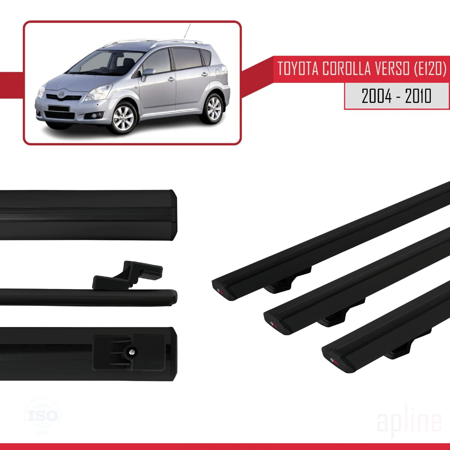Compatible avec Toyota Corolla Verso 2 (AR10) 2004-2010 BASIC Model Barres de Toit Railing Porte-Bagages de Voiture Noir Aluminium 3 Barres
