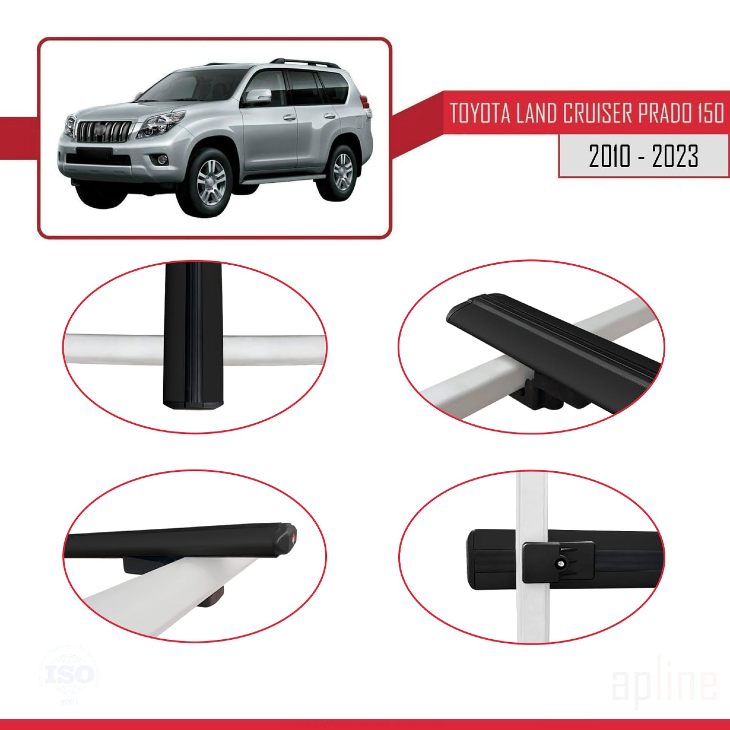 Compatible avec Toyota Land Cruiser Prado (J150) 2010-2023 BASIC Model Barres de Toit Railing Porte-Bagages de Voiture Noir Aluminium 2 Barres