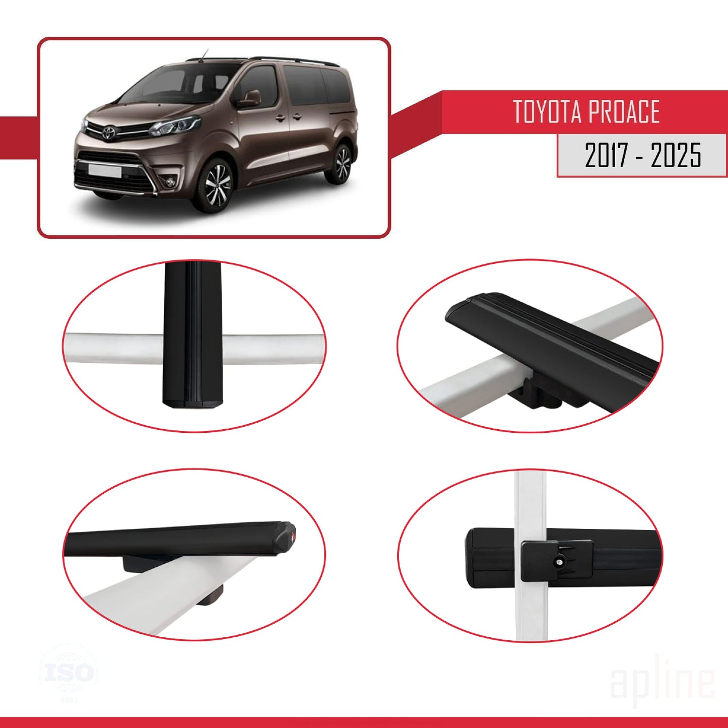 Compatible avec Toyota Proace 2017-2025 BASIC Model Barres de Toit Railing Porte-Bagages de Voiture Noir Aluminium 2 Barres