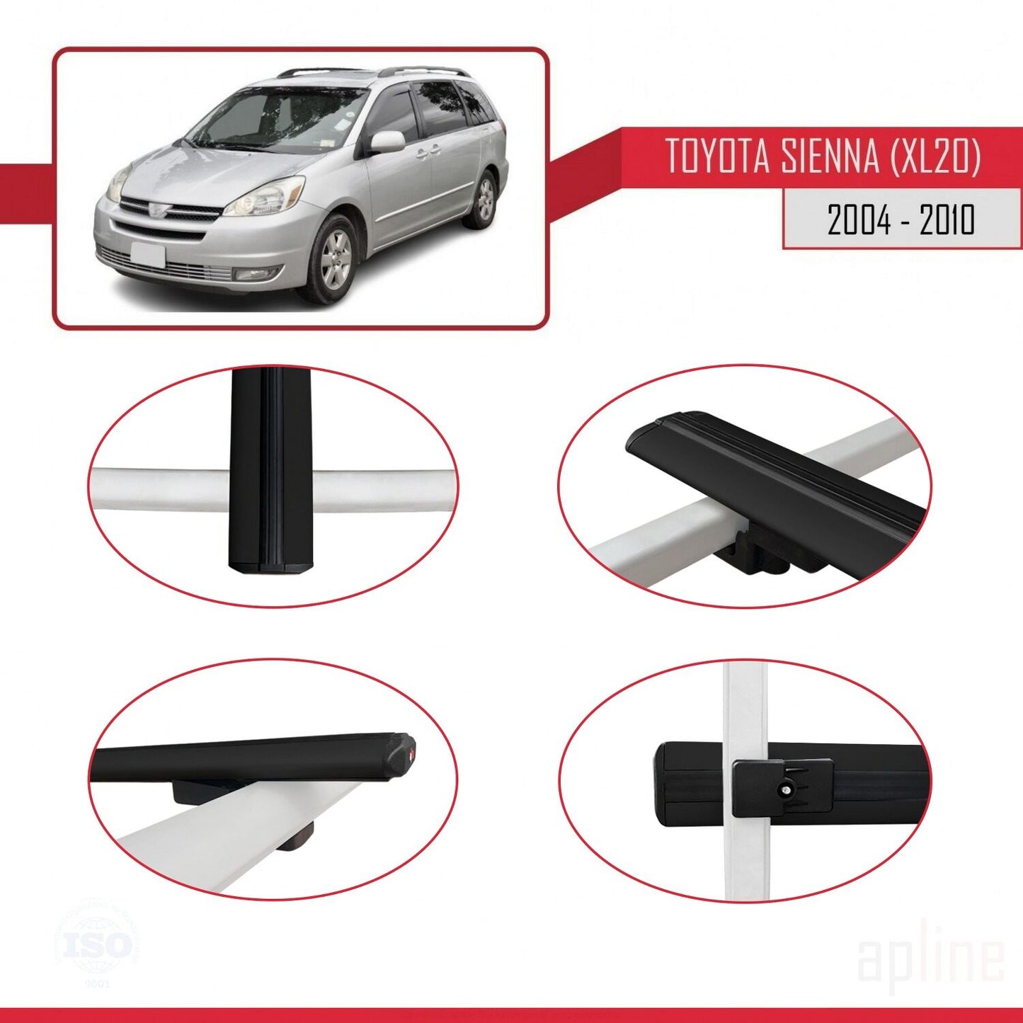 Compatible avec Toyota Sienna 2 (XL20) 2004-2010 BASIC Model Barres de Toit Railing Porte-Bagages de Voiture Noir Aluminium 2 Barres