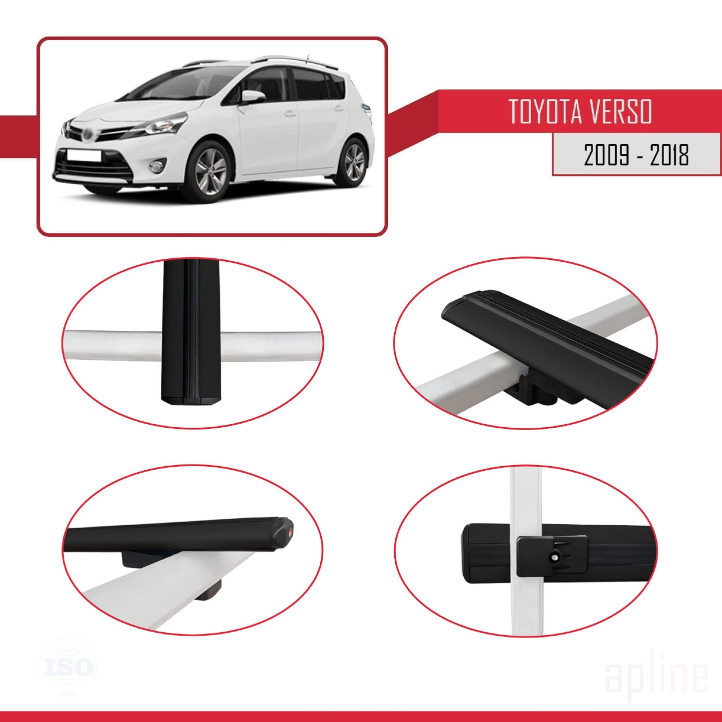 Compatible avec Toyota Verso (AR20) 2009-2018 BASIC Model Barres de Toit Railing Porte-Bagages de Voiture Noir Aluminium 4 Barres