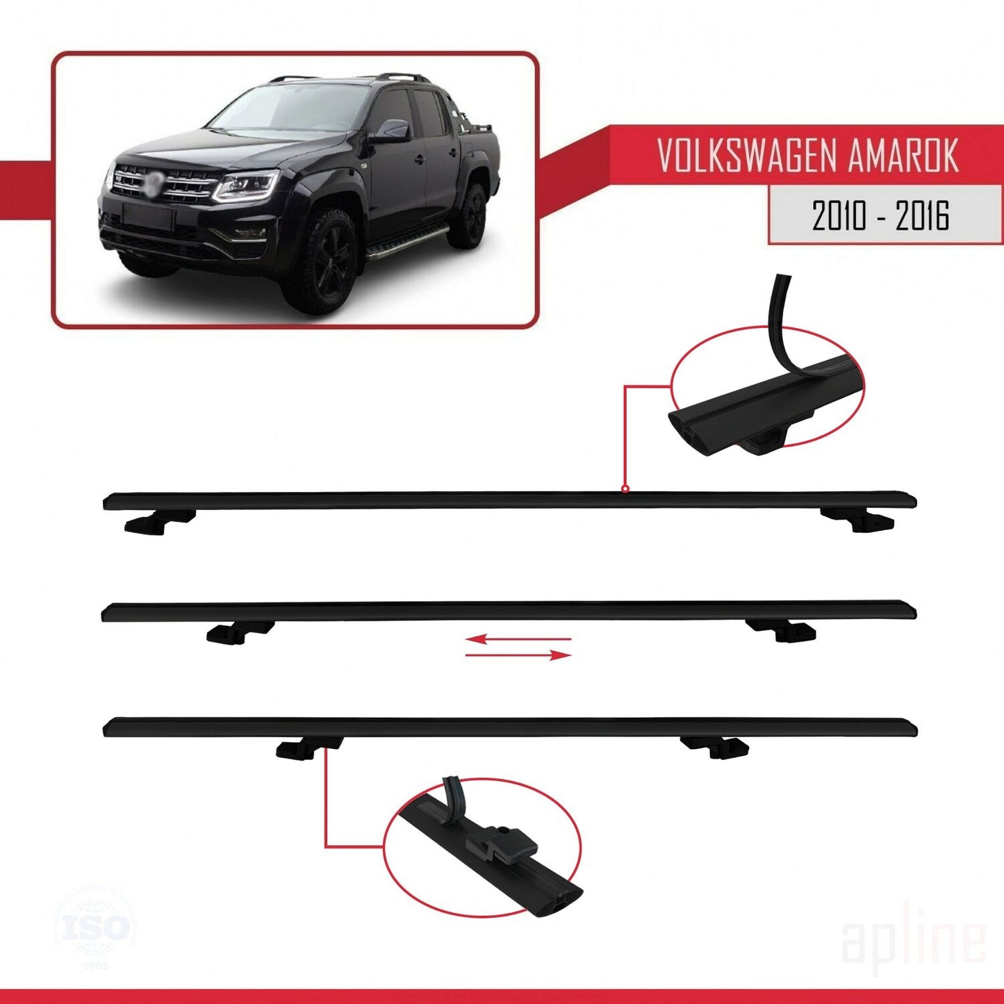 Compatible con Volkswagen Amarok (2F) Pre-Facelift 2010-2016 BASIC Model Barras de Techo Auto Portaequipajes Barras Transversales Negro Aluminio 3 Barras