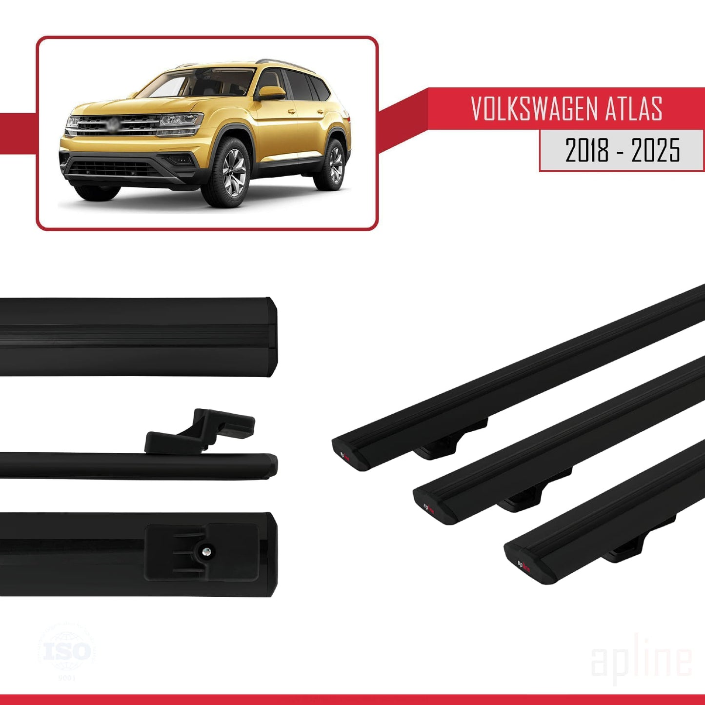 Compatible avec Volkswagen Atlas (CA1) 2018-2025 BASIC Model Barres de Toit Railing Porte-Bagages de Voiture Noir Aluminium 3 Barres