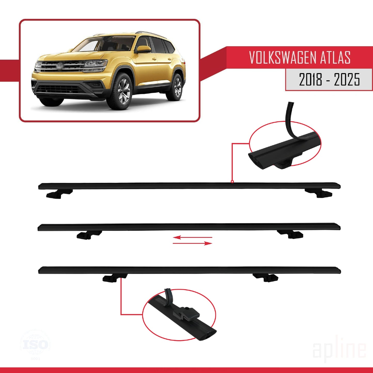 Compatible avec Volkswagen Atlas (CA1) 2018-2025 BASIC Model Barres de Toit Railing Porte-Bagages de Voiture Noir Aluminium 3 Barres