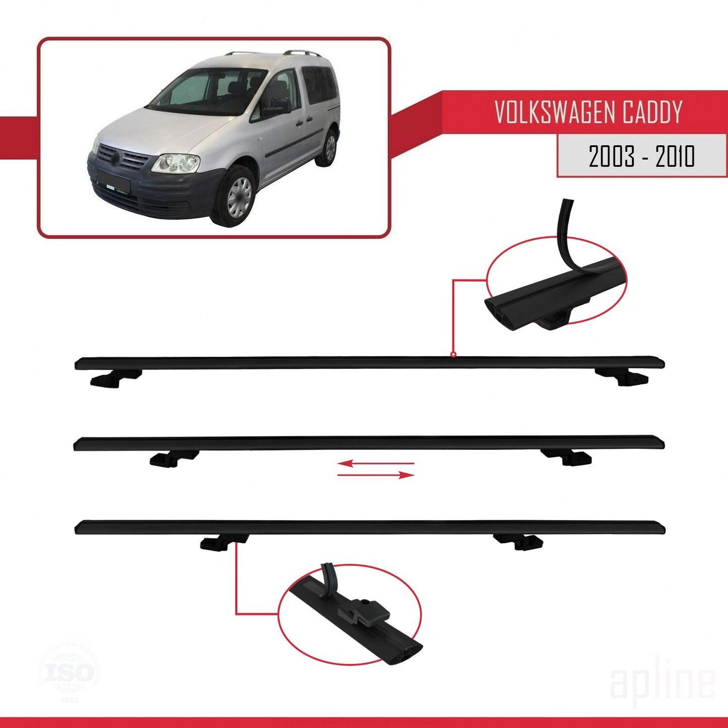 Compatibile con Volkswagen Caddy 3 (2K) 2003-2010 BASIC Model Barre Tetto Portapacchi Auto Barre Portatutto Nero Alluminio 3 Barre