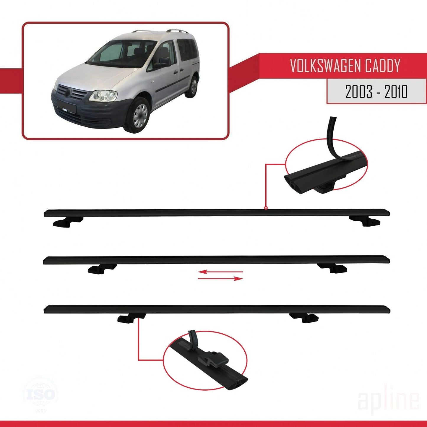 Compatibile con Volkswagen Caddy 3 (2K) 2003-2010 BASIC Model Barre Tetto Portapacchi Auto Barre Portatutto Nero Alluminio 2 Barre