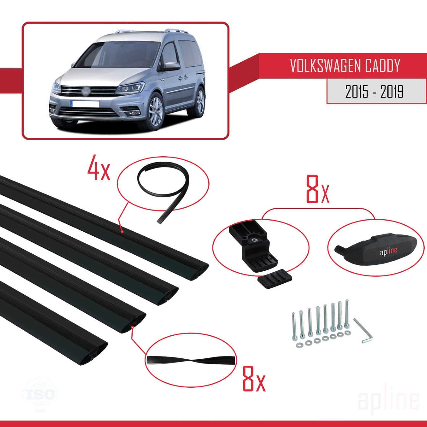 Compatible avec Volkswagen Caddy 3 (SA) 2015-2019 BASIC Model Barres de Toit Railing Porte-Bagages de Voiture Noir Aluminium 4 Barres