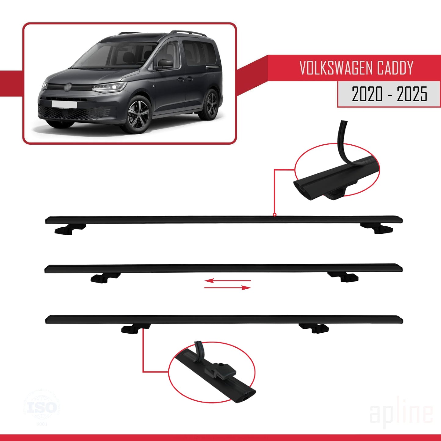 Compatibile con Volkswagen Caddy 4 (SB) 2020-2025 BASIC Model Barre Tetto Portapacchi Auto Barre Portatutto Nero Alluminio 4 Barre
