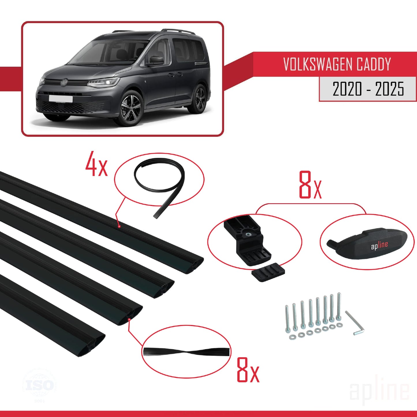 Compatibile con Volkswagen Caddy 4 (SB) 2020-2025 BASIC Model Barre Tetto Portapacchi Auto Barre Portatutto Nero Alluminio 4 Barre