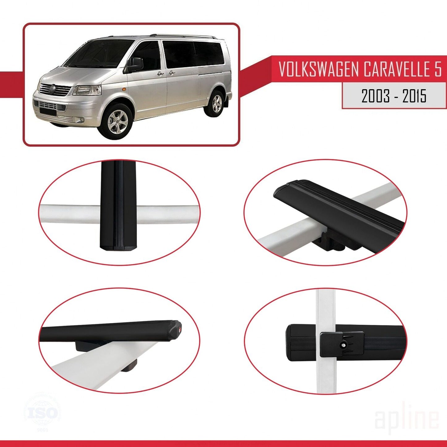 Compatible avec Volkswagen T5 Caravelle 2003-2015 BASIC Model Barres de Toit Railing Porte-Bagages de Voiture Noir Aluminium 2 Barres
