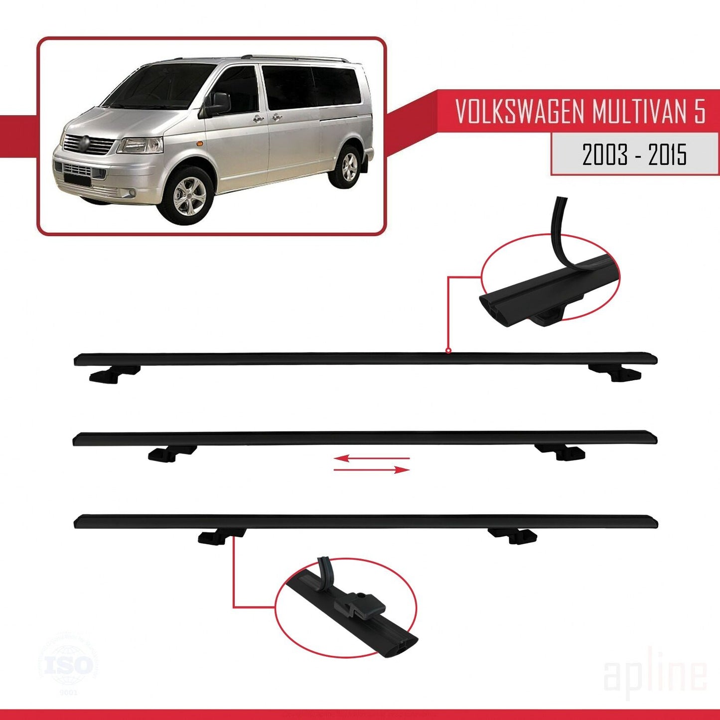 Compatible avec Volkswagen T5 Multivan 2003-2015 BASIC Model Barres de Toit Railing Porte-Bagages de Voiture Noir Aluminium 2 Barres