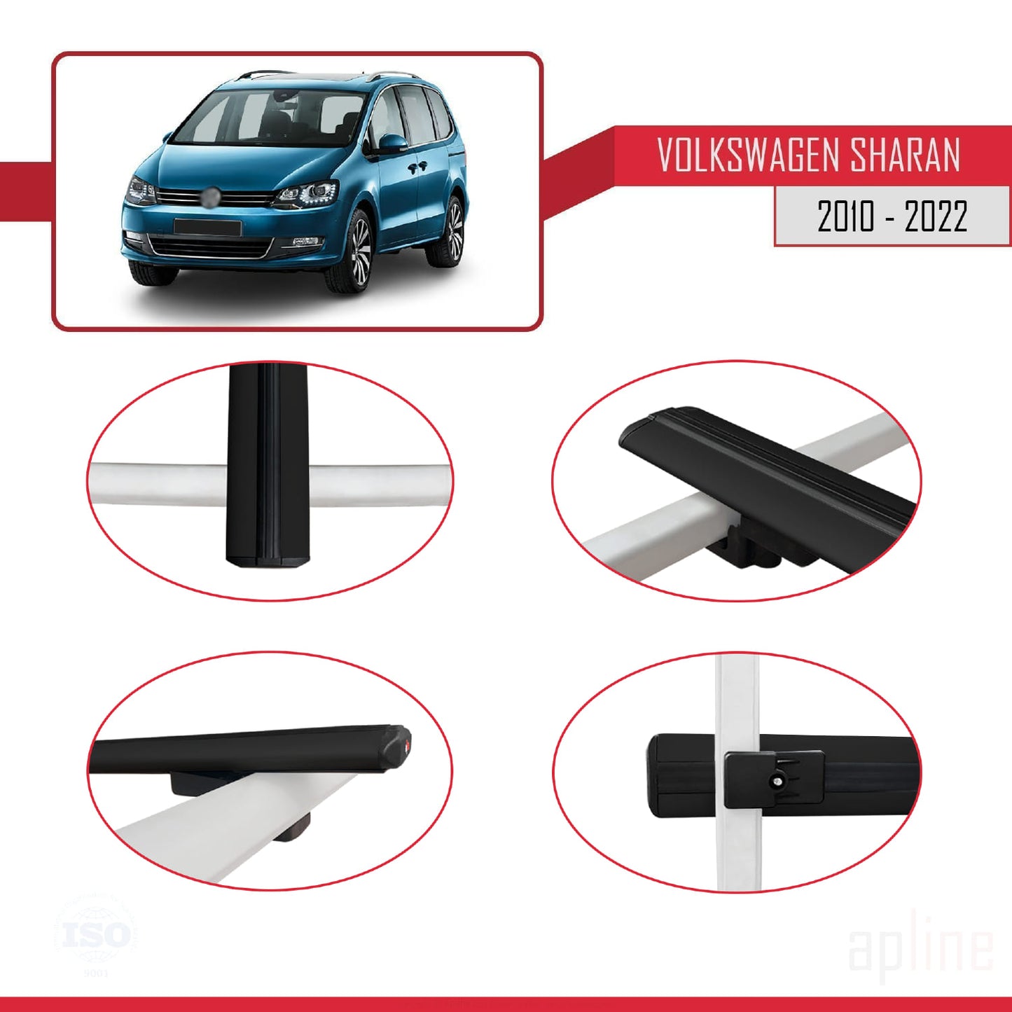 Compatible avec Volkswagen Sharan 2 (7N) 2010-2022 BASIC Model Barres de Toit Railing Porte-Bagages de Voiture Noir Aluminium 2 Barres