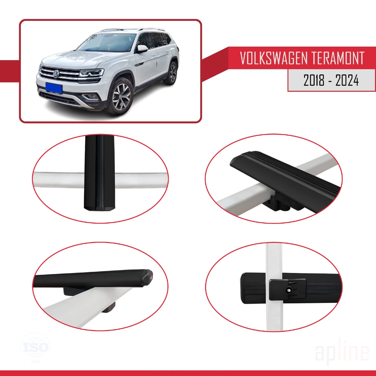 Compatibile con Volkswagen Teramont (CA1) 2018-2024 BASIC Model Barre Tetto Portapacchi Auto Barre Portatutto Nero Alluminio 3 Barre