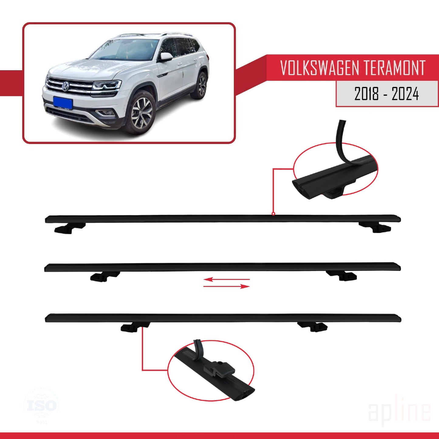 Compatibile con Volkswagen Teramont (CA1) 2018-2024 BASIC Model Barre Tetto Portapacchi Auto Barre Portatutto Nero Alluminio 3 Barre