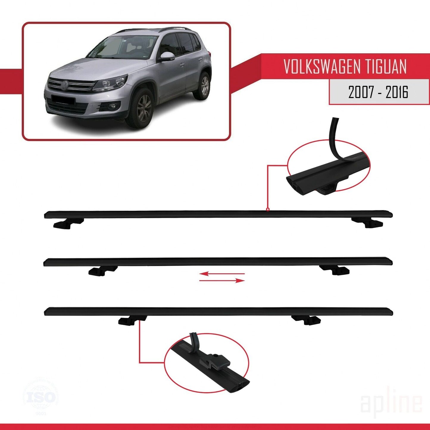 Compatible avec Volkswagen Tiguan (5N) 2007-2016 BASIC Model Barres de Toit Railing Porte-Bagages de Voiture Noir Aluminium 2 Barres