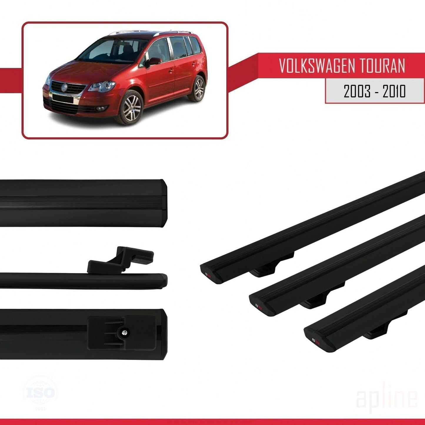 Compatible con Volkswagen Touran (1T) Pre-Facelift 2003-2010 BASIC Model Barras de Techo Auto Portaequipajes Barras Transversales Negro Aluminio 3 Barras