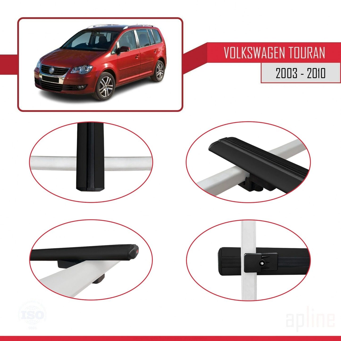 Compatible con Volkswagen Touran (1T) Pre-Facelift 2003-2010 BASIC Model Barras de Techo Auto Portaequipajes Barras Transversales Negro Aluminio 3 Barras
