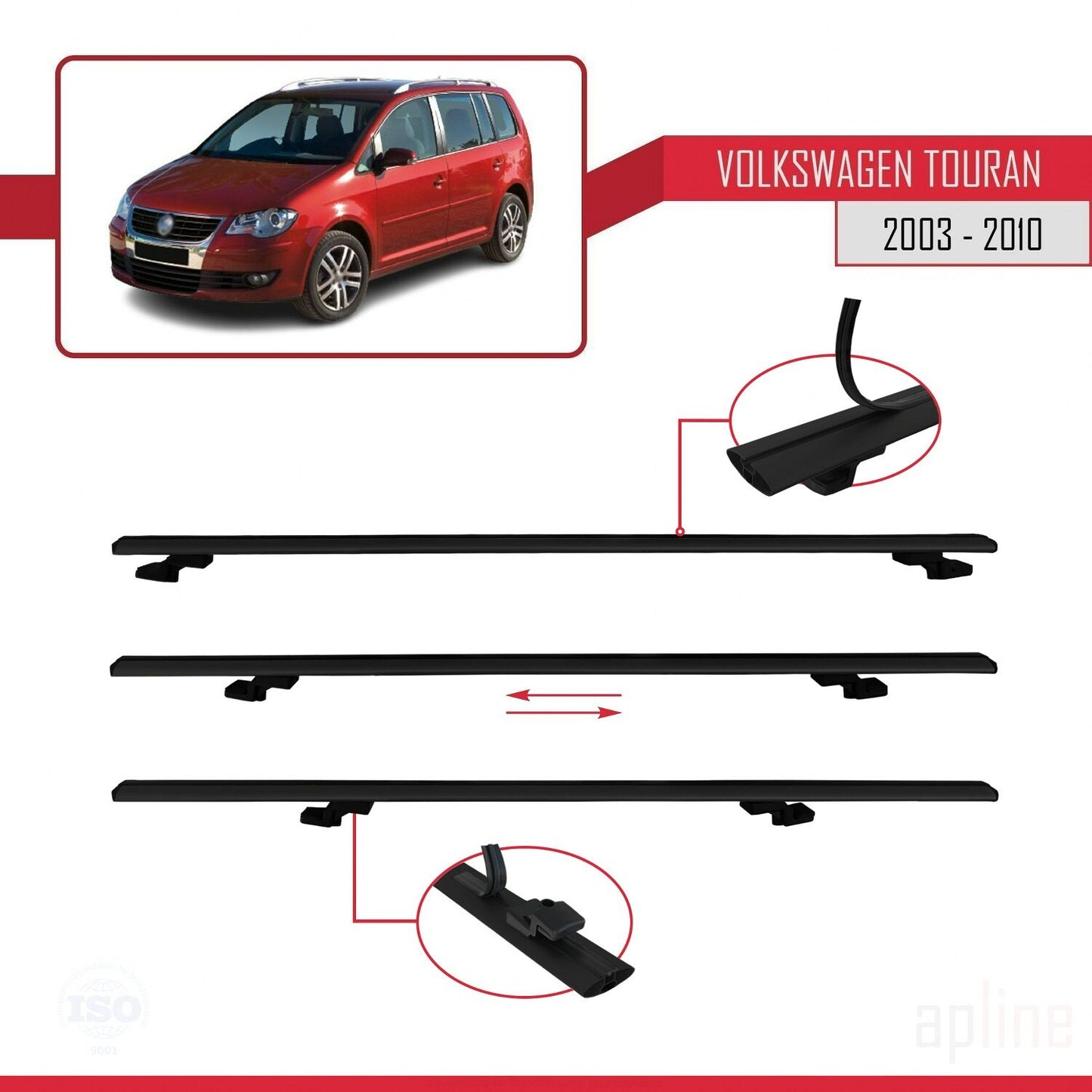 Compatible con Volkswagen Touran (1T) Pre-Facelift 2003-2010 BASIC Model Barras de Techo Auto Portaequipajes Barras Transversales Negro Aluminio 3 Barras