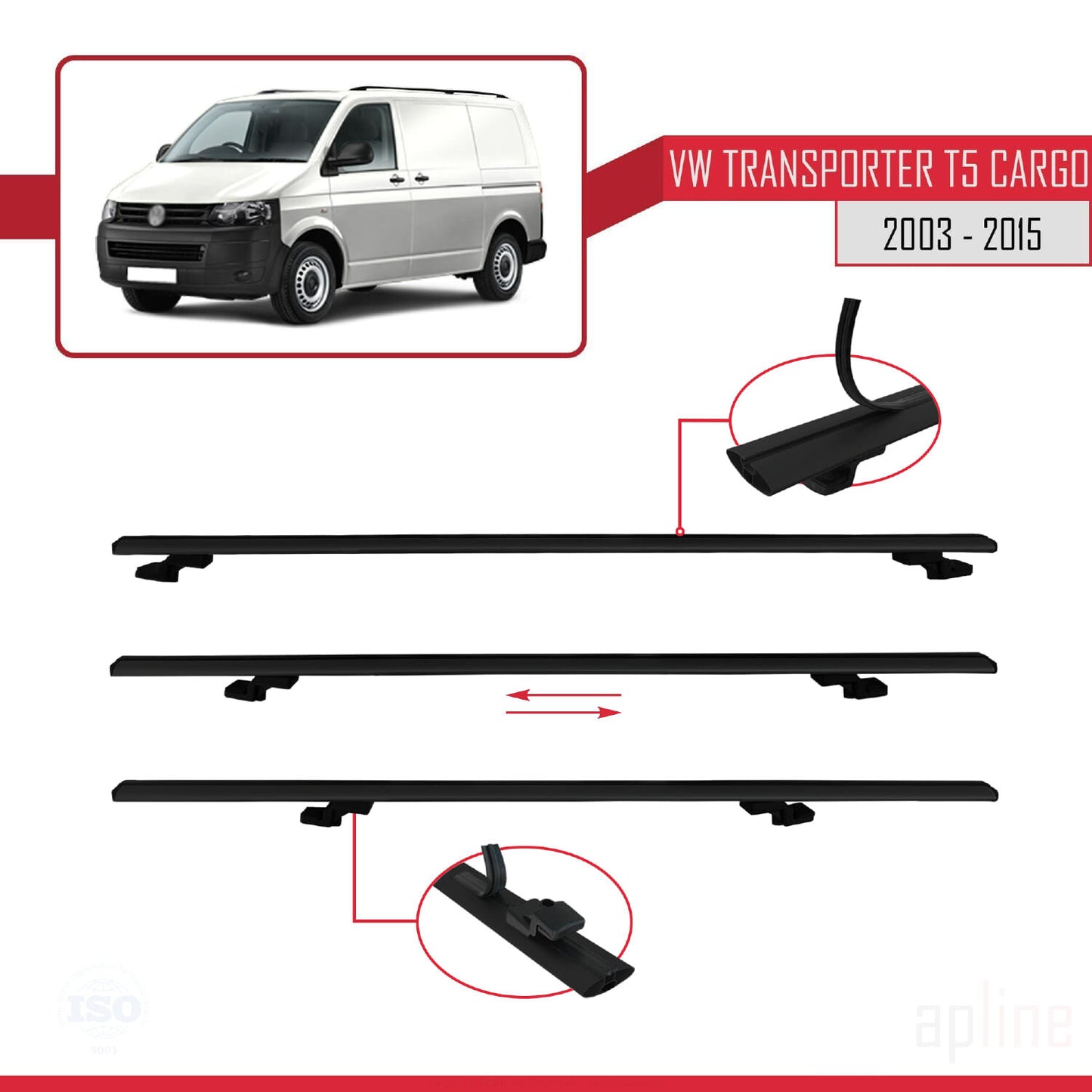 Compatibile con Volkswagen T5 Transporter 2003-2015 BASIC Model Barre Tetto Portapacchi Auto Barre Portatutto Nero Alluminio 4 Barre