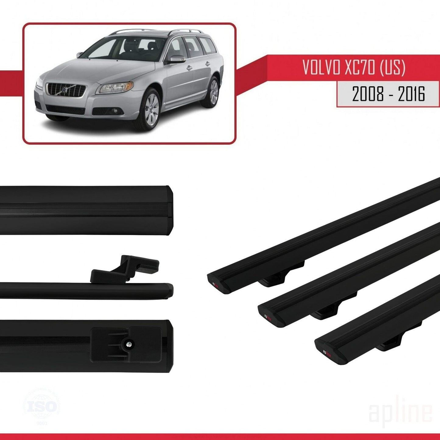 Kompatibel mit Volvo XC70 II (P24) 2008-2016 BASIC Model Relingträger Dachträger Auto Gepäckträger Schwarz Aluminium 3 Stangen