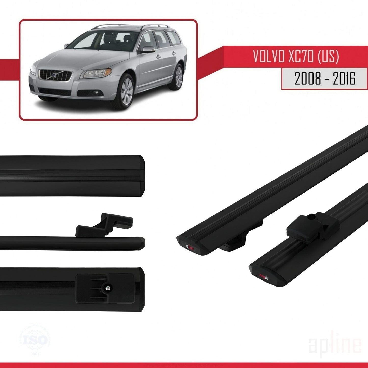 Compatible avec Volvo XC70 II (P24) 2008-2016 BASIC Model Barres de Toit Railing Porte-Bagages de Voiture Noir Aluminium 2 Barres