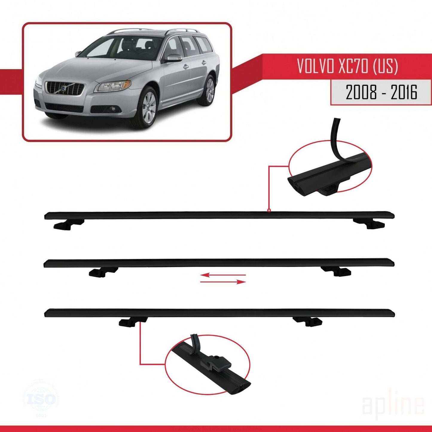 Compatible avec Volvo XC70 II (P24) 2008-2016 BASIC Model Barres de Toit Railing Porte-Bagages de Voiture Noir Aluminium 2 Barres