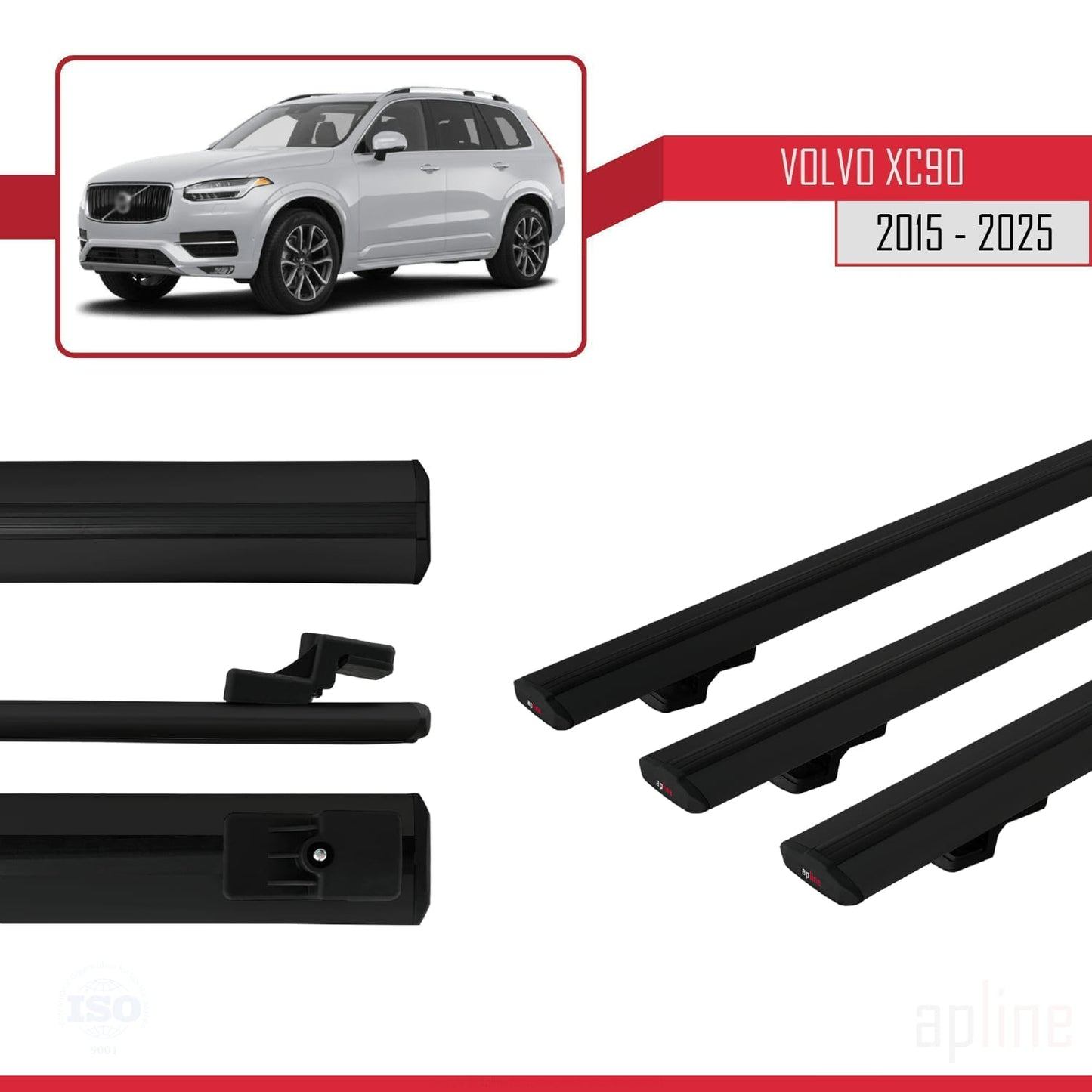 Kompatibel mit Volvo XC90 II 2015-2025 BASIC Model Relingträger Dachträger Auto Gepäckträger Schwarz Aluminium 3 Stangen