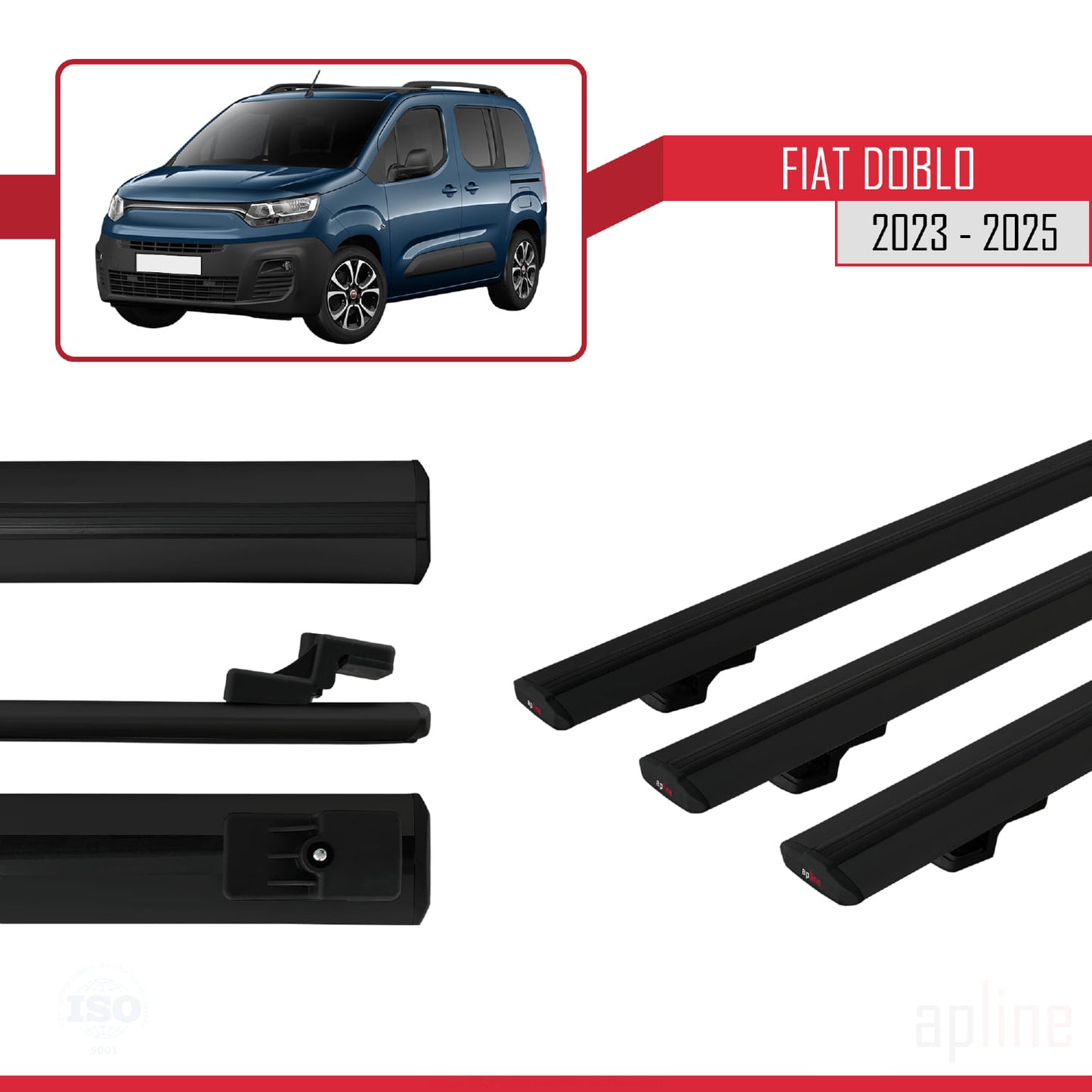 Compatible avec Fiat Doblo 3 2023-2025 BASIC Model Barres de Toit Railing Porte-Bagages de Voiture Noir Aluminium 3 Barres