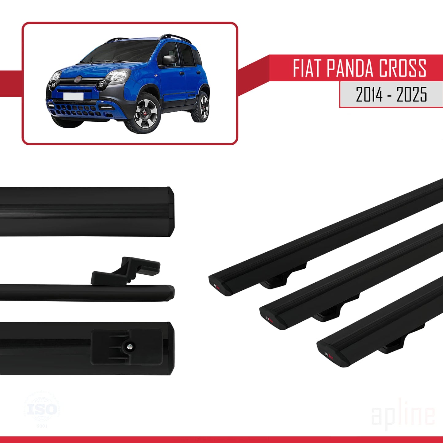 Compatible avec Fiat Panda Cross 2014-2025 BASIC Model Barres de Toit Railing Porte-Bagages de Voiture Noir Aluminium 3 Barres