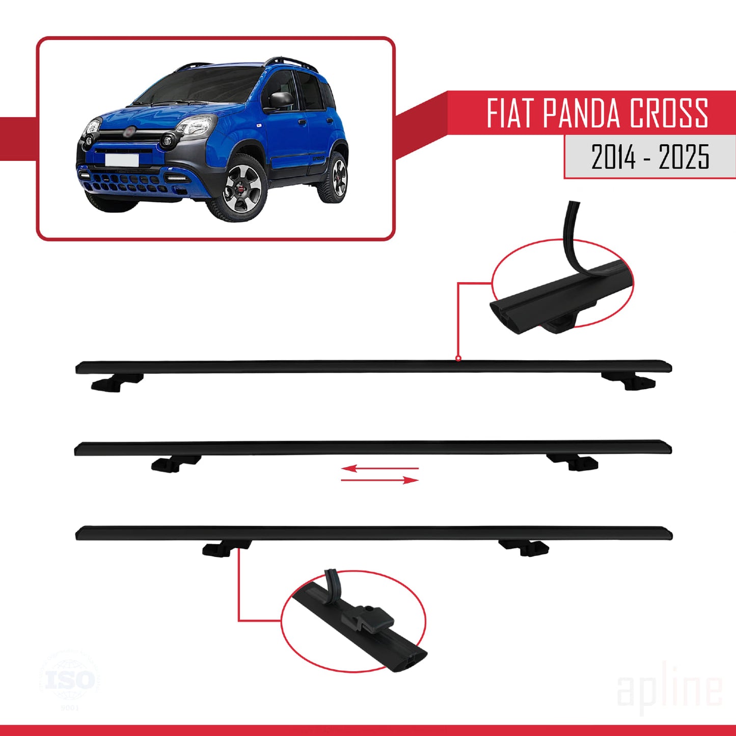 Compatible avec Fiat Panda Cross 2014-2025 BASIC Model Barres de Toit Railing Porte-Bagages de Voiture Noir Aluminium 3 Barres