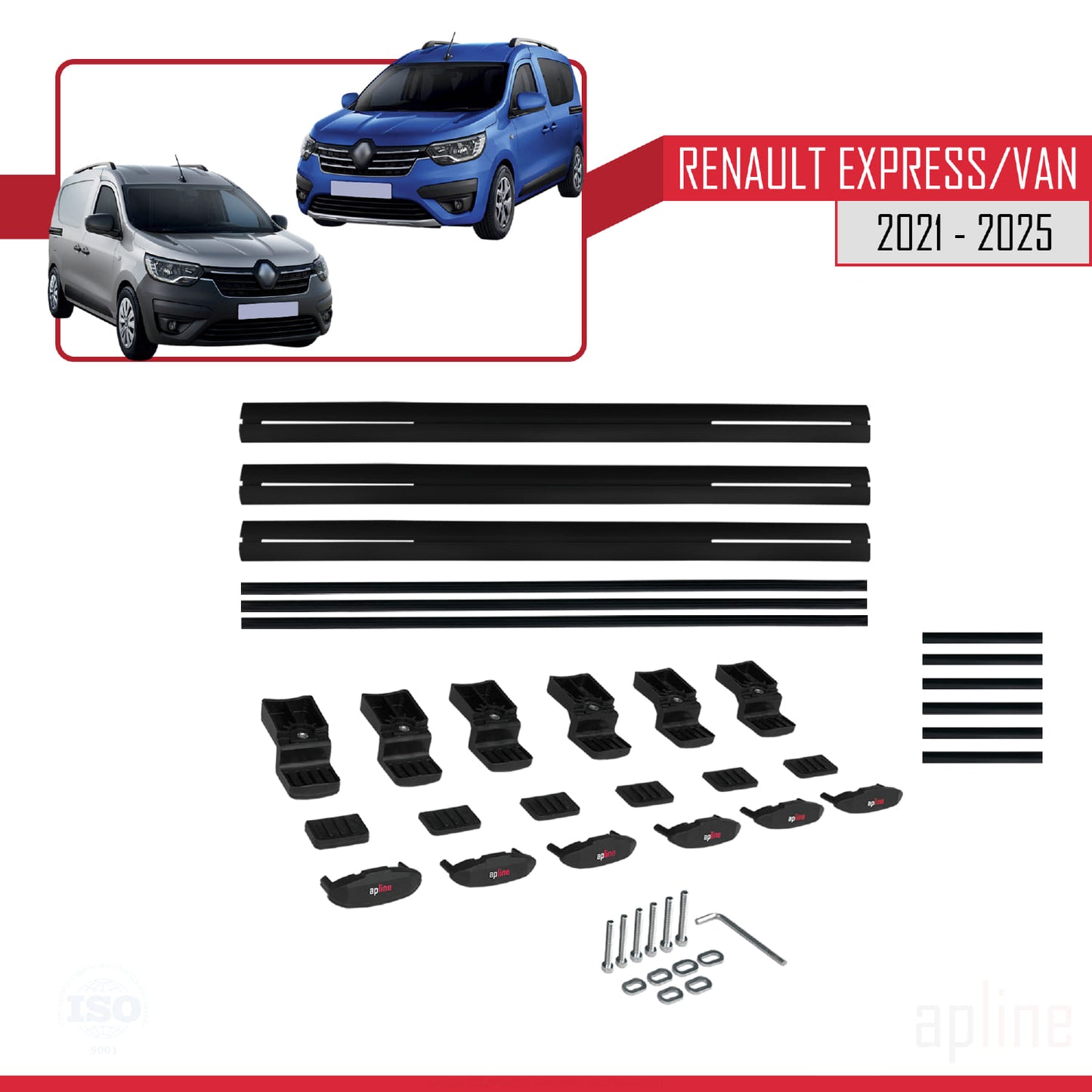 BASIC Model Dakdrager bagagedrager compatibel met Renault Express 2021-2025 Spoorstaven Zwart Aluminium 3 Staven