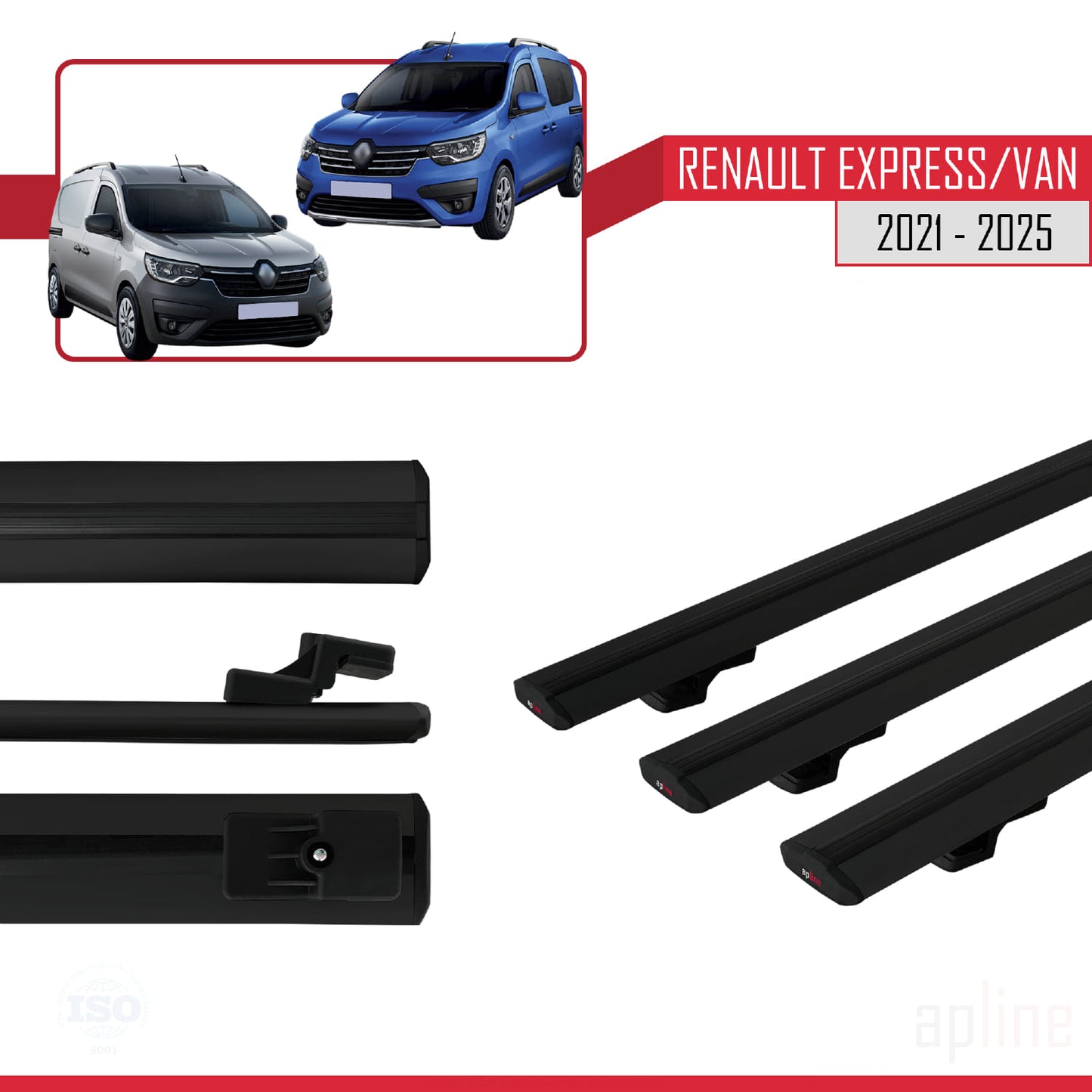 BASIC Model Dakdrager bagagedrager compatibel met Renault Express 2021-2025 Spoorstaven Zwart Aluminium 3 Staven