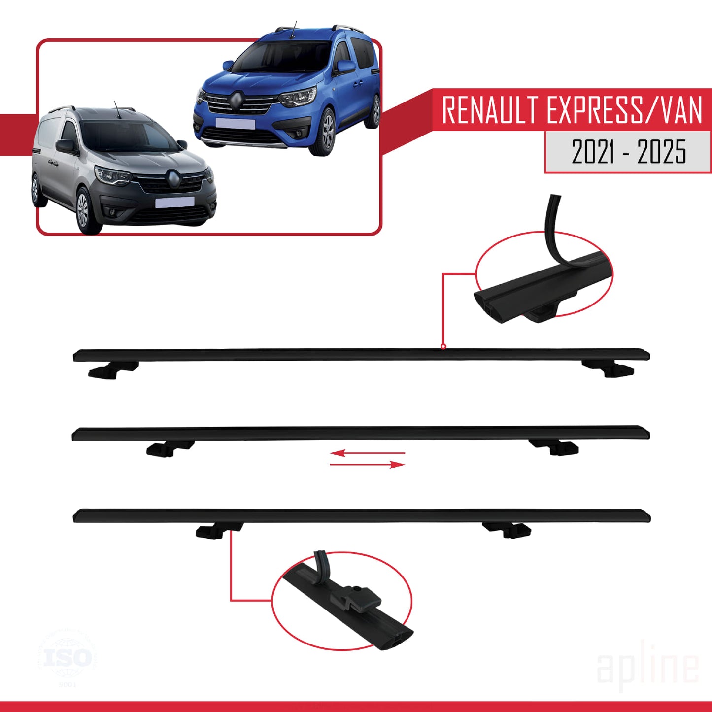 BASIC Model Dakdrager bagagedrager compatibel met Renault Express 2021-2025 Spoorstaven Zwart Aluminium 4 Staven