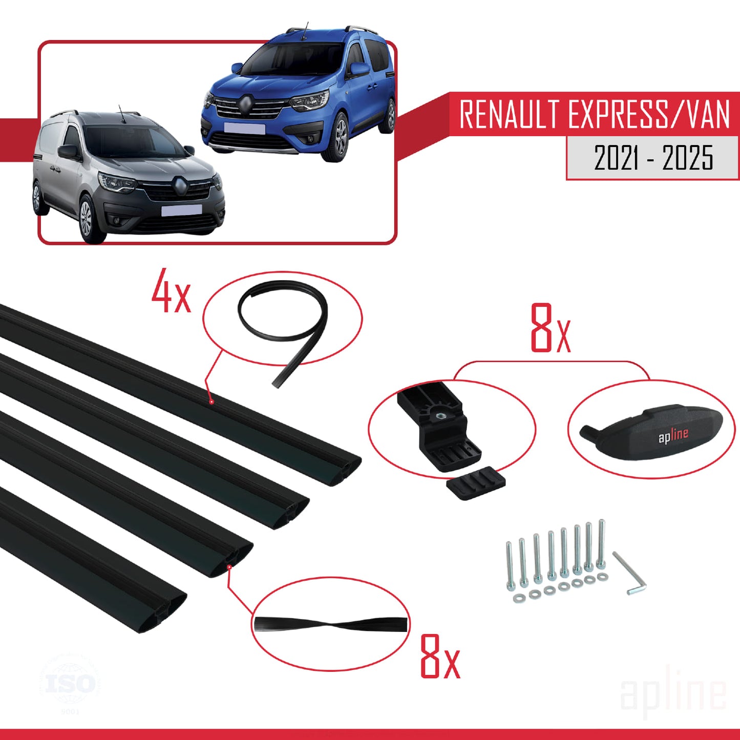 BASIC Model Dakdrager bagagedrager compatibel met Renault Express 2021-2025 Spoorstaven Zwart Aluminium 4 Staven
