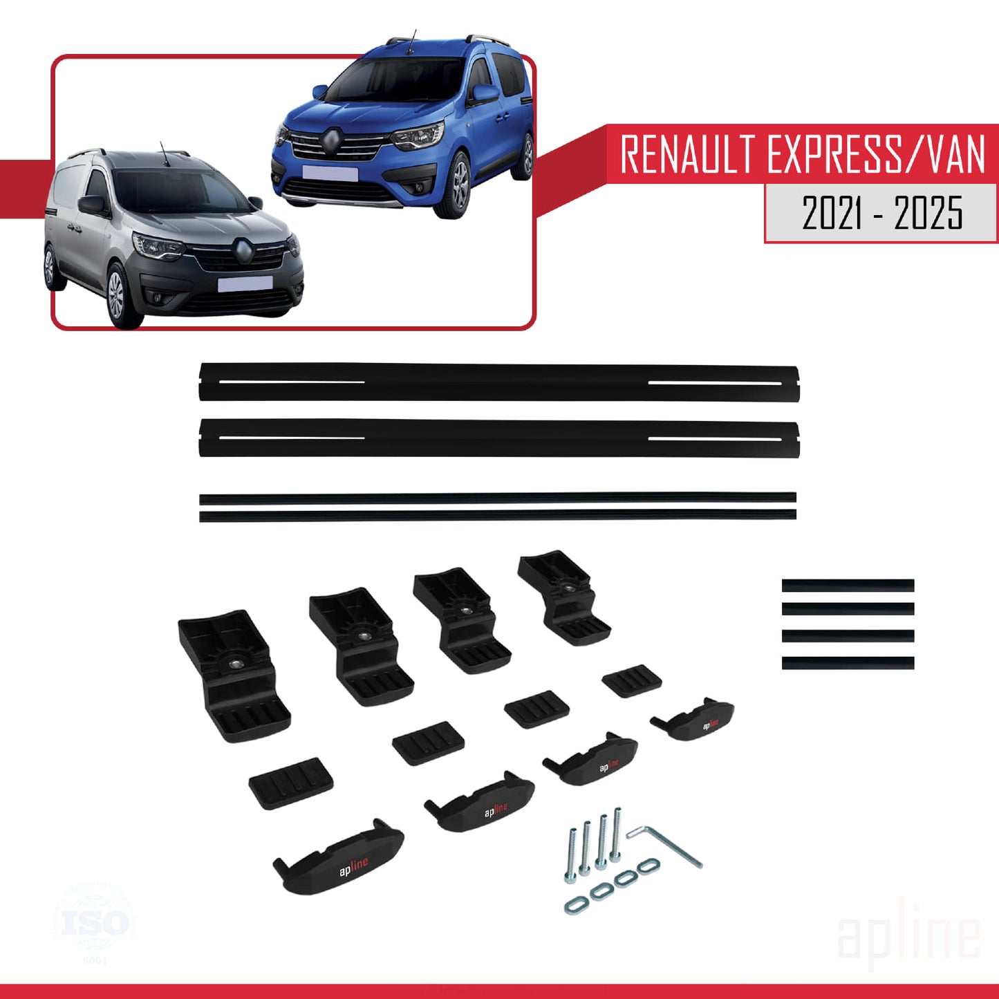 BASIC Model Dakdrager bagagedrager compatibel met Renault Express 2021-2025 Spoorstaven Zwart Aluminium 2 Staven