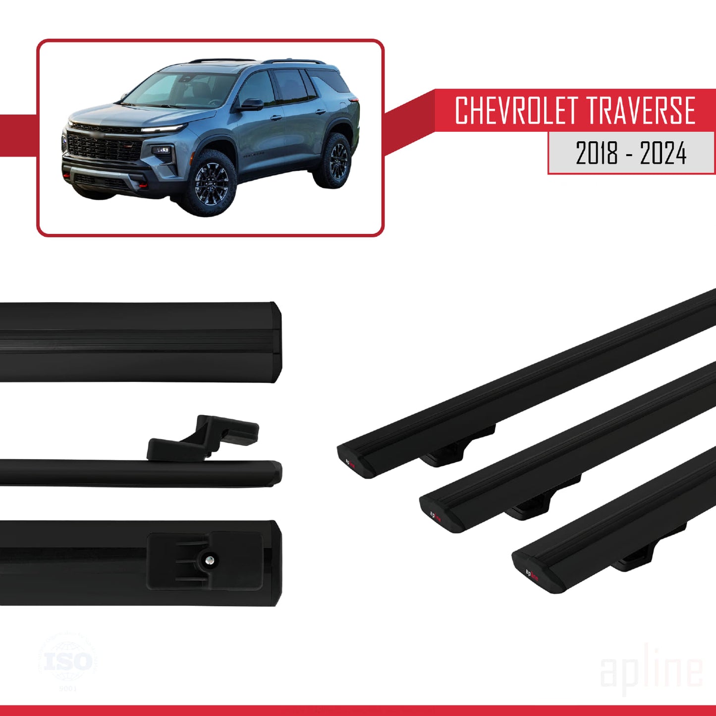 Compatible avec Chevrolet Traverse 2018-2024 BASIC Model Barres de Toit Railing Porte-Bagages de Voiture Noir Aluminium 3 Barres