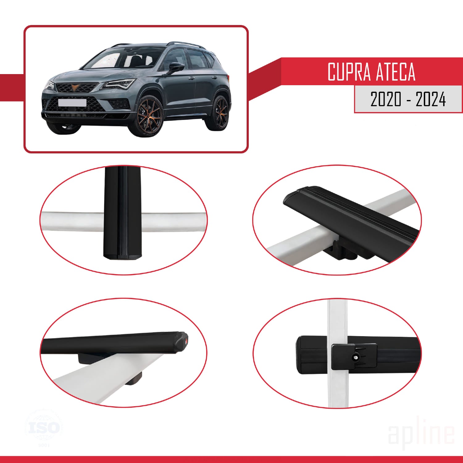Compatible avec Cupra Ateca 2020-2024 BASIC Model Barres de Toit Railing Porte-Bagages de Voiture Noir Aluminium 2 Barres