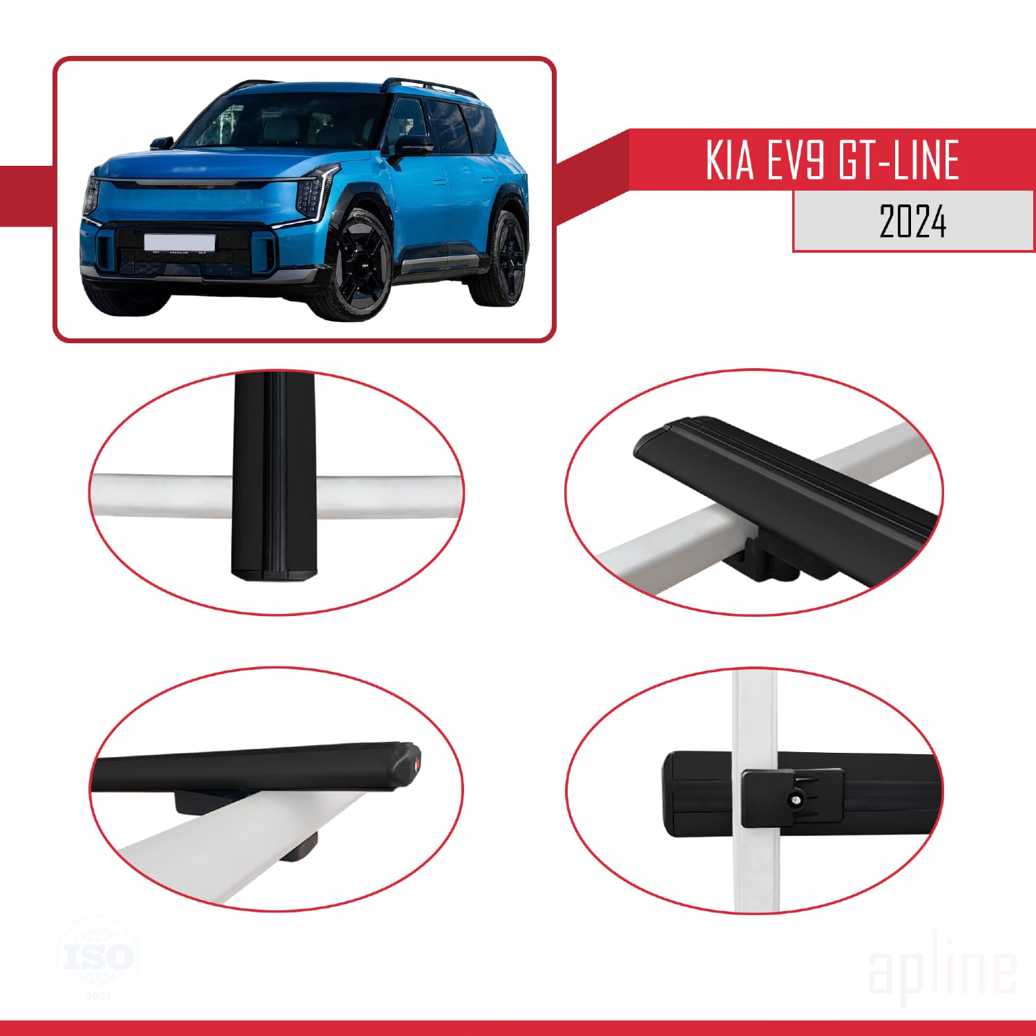 Compatible avec KIA EV9 GT-LINE 2024-2025 BASIC Model Barres de Toit Railing Porte-Bagages de Voiture Noir Aluminium 2 Barres