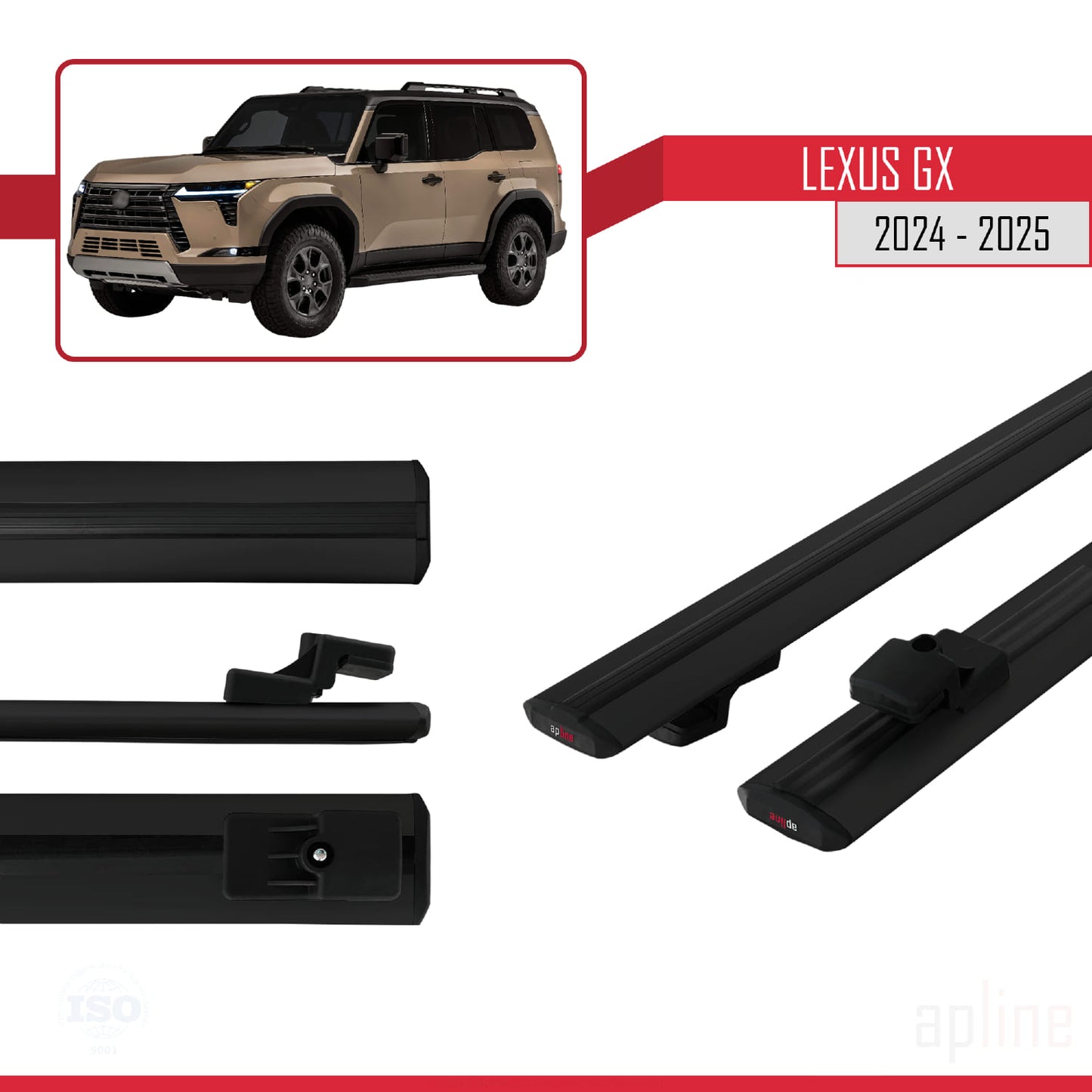 Compatible avec Lexus GX 2024-2025 BASIC Model Barres de Toit Railing Porte-Bagages de Voiture Noir Aluminium 2 Barres