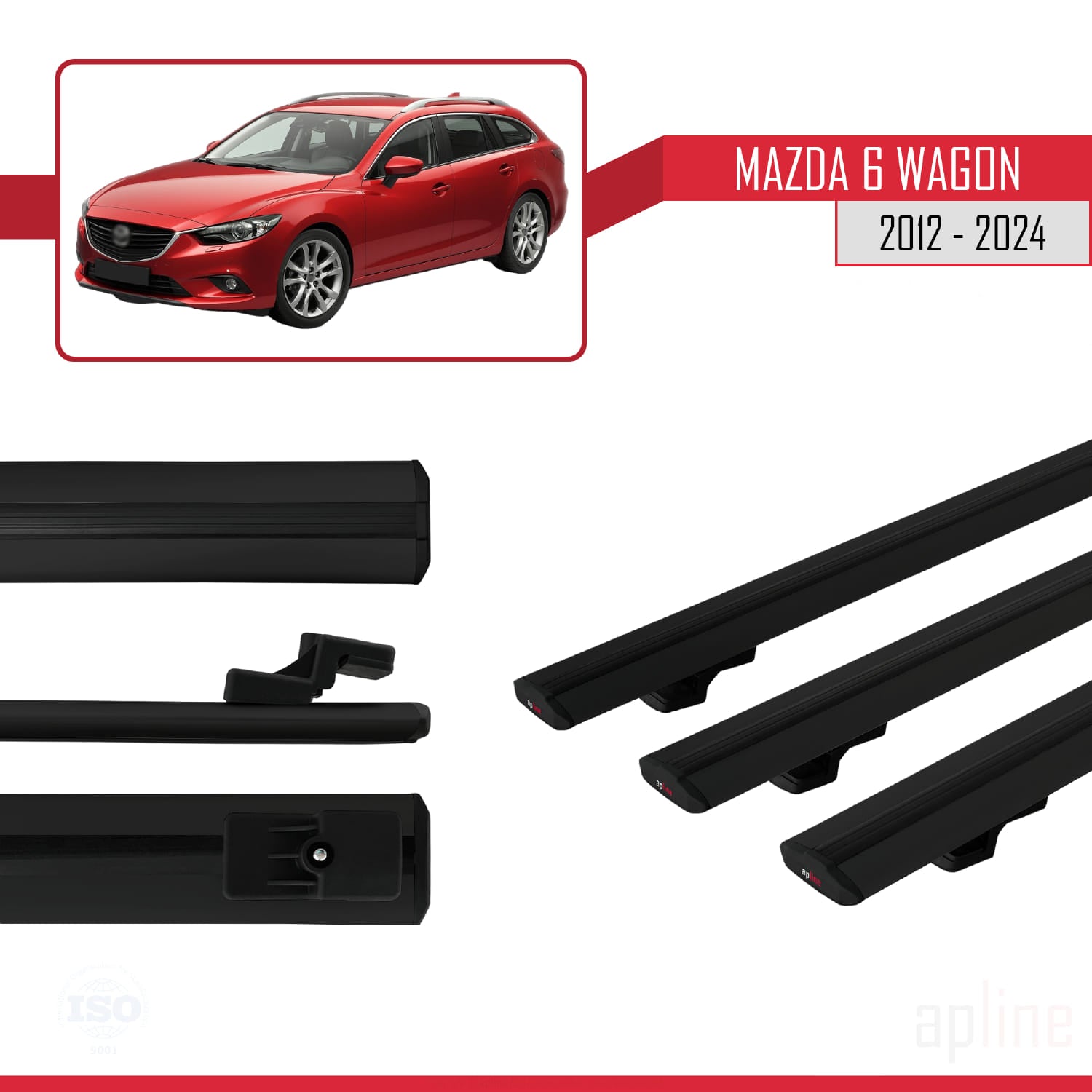 Compatible avec Mazda 6 Wagon 2012-2024 BASIC Model Barres de Toit Railing Porte-Bagages de Voiture Noir Aluminium 3 Barres